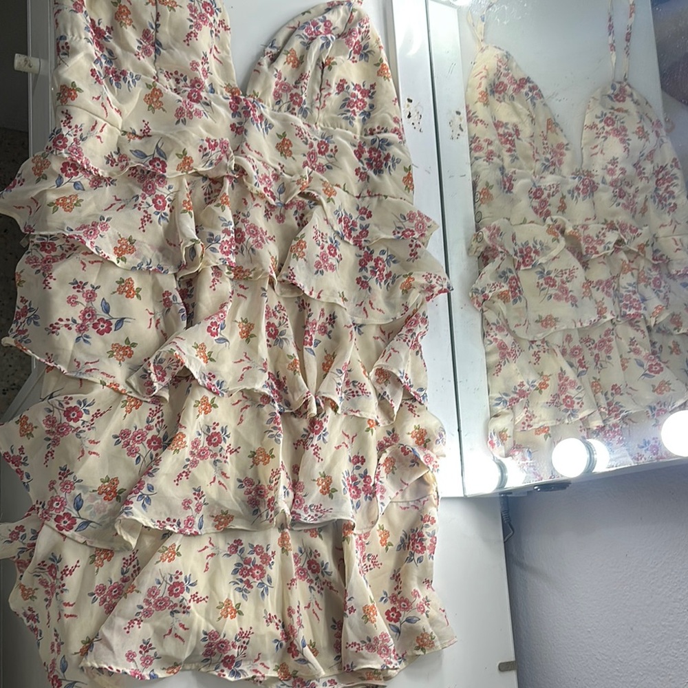 Speechless Floral Ruffle Mini Dress - Cream and Pink